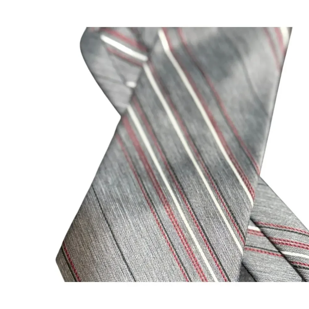 Vintage Adolfo Men's Gray and Red Striped Necktie